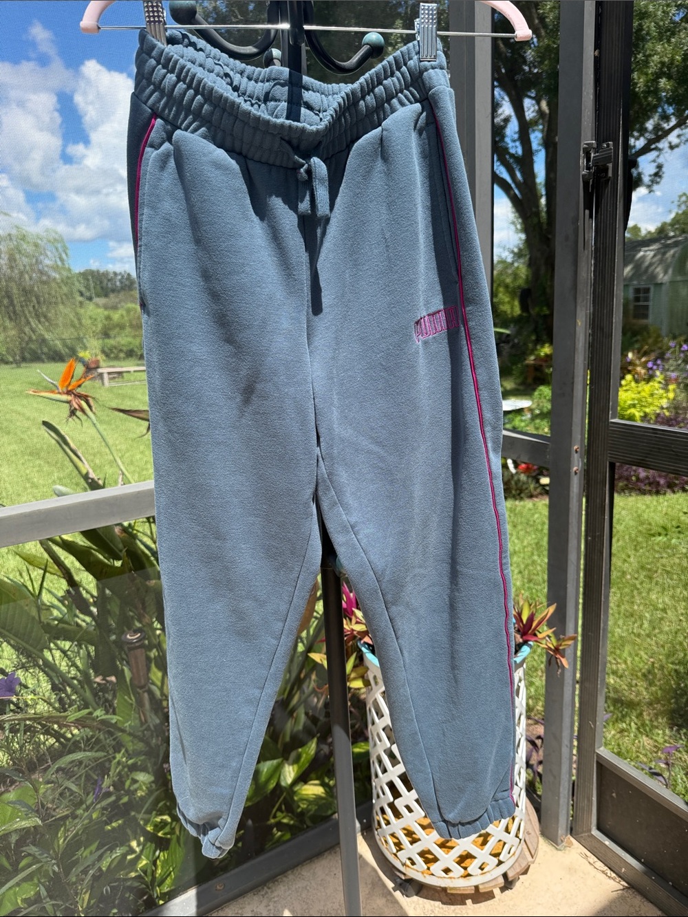 Puma Blue-Grey Joggers with Pink Trim